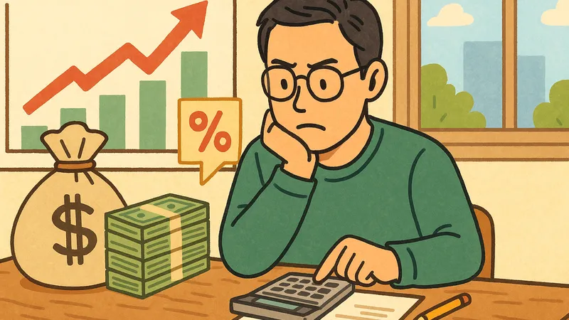緑の服を着た眼鏡の男性がテーブルで電卓を使いながら真剣な表情で資産シミュレーションをしているイラスト。机の上には札束とお金の袋があり、背景には上昇するグラフと窓の外にビルと青空が見える。