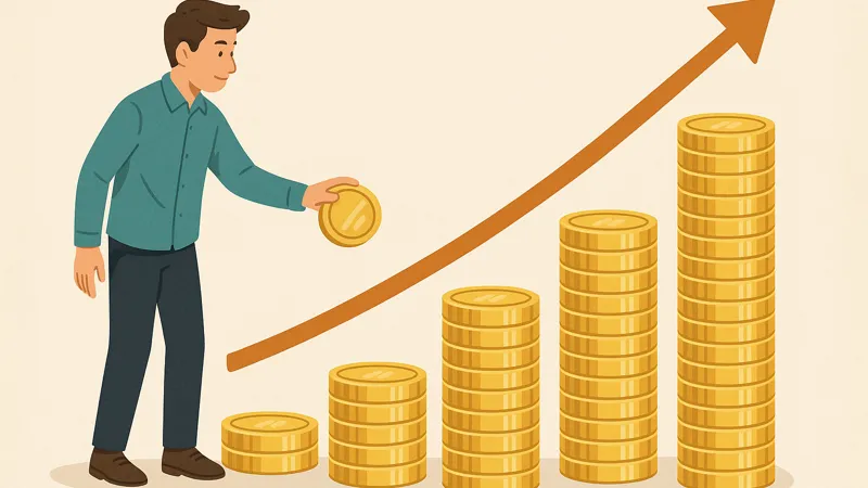 若い男性が金貨を積み上げながら、右肩上がりのグラフに沿って成長するコインの山を見つめているイラスト