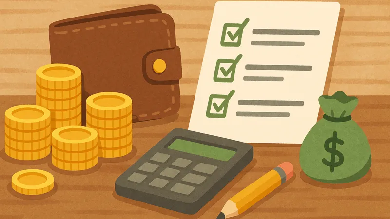木のテーブルの上に、茶色の財布、積み重なった金色のコイン、チェックマークの入ったリスト、電卓、鉛筆、緑色のお金袋が並ぶ、投資計画を完了させたイメージのイラスト風画像