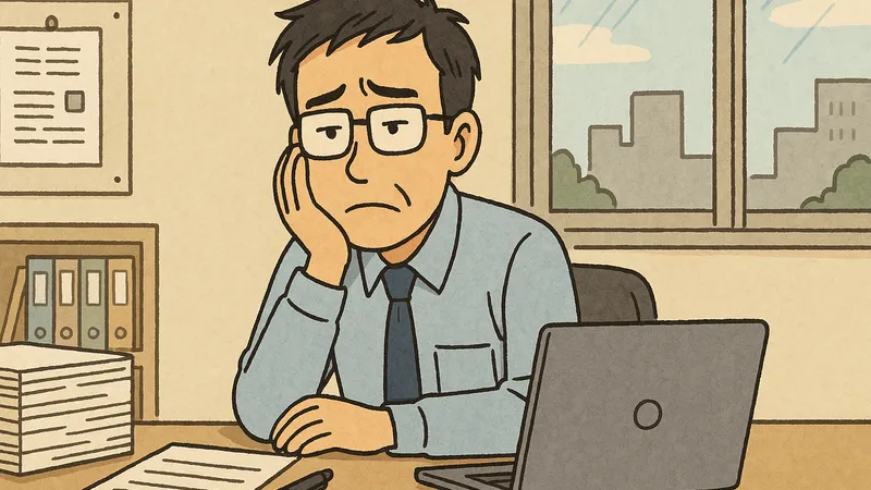 オフィスのデスクに座り、頬杖をついてつまらなさそうな表情を浮かべる眼鏡の男性。机の上には書類やノートパソコンがあり、窓の外には曇り空とビルが見える。