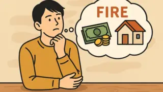 木のテーブルに座った若い男性が、手であごを支えながらFIREを連想させるお金と家のイラストを思い浮かべている、考え込む様子のイラスト風画像