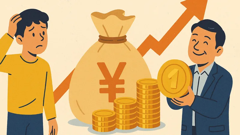 大きな円マーク入りの袋と金貨の山を背景に、困った表情の若者と微笑む男性が対照的に描かれているイラスト。背景には右上がりの矢印が伸びている。