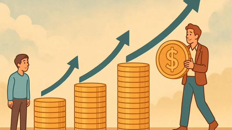 3段階に積み上がる金貨の山と、それぞれに向かって伸びる上昇矢印を見上げる2人の男性のイラスト。左の若い男性は最初の山を見つめ、右の男性は大きな金貨を手にしている。