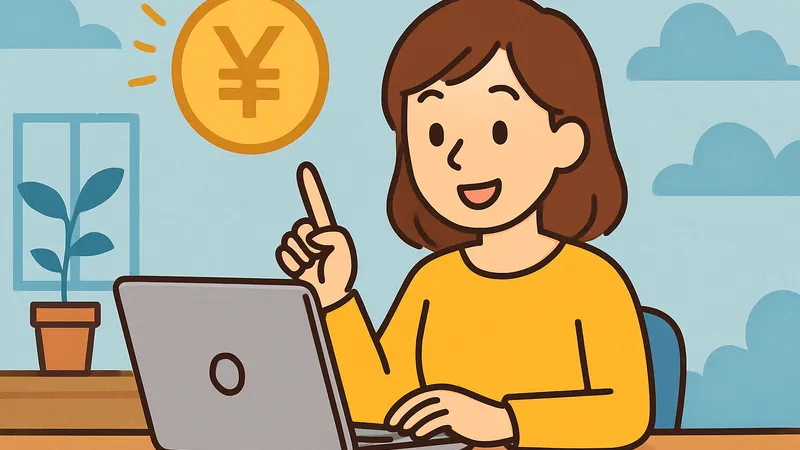 ノートパソコンで作業する笑顔の女性が、指を立てて金色の円マークのコインを示しているイラスト。背景には窓と観葉植物、青空に雲が広がっている。