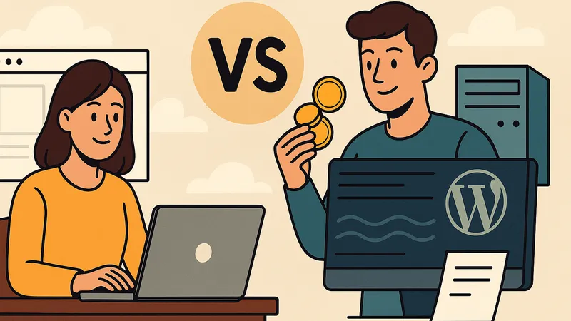 無料ブログでノートパソコンに向かう女性と、有料ブログでWordPressを操作しながらコインを持つ男性が向かい合っているイラスト。中央に「VS」のシンボルが描かれている。