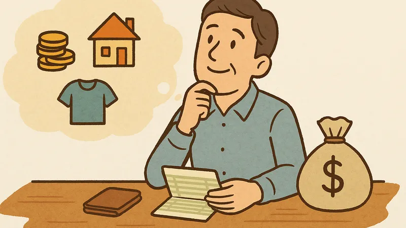 通帳を手にした中年の男性が、満足そうに微笑みながら将来の生活を思い描いている。テーブルには財布とお金袋が置かれ、頭上にはコイン、家、服のイラストが浮かび、貯金の成果を実感している様子がやわらかな手描き風で描かれている。