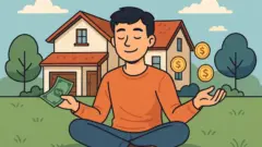 一軒家の前で穏やかな表情を浮かべた若い男性が芝生に座り、手にお金を持ちながらリラックスしているイラスト