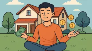 一軒家の前で穏やかな表情を浮かべた若い男性が芝生に座り、手にお金を持ちながらリラックスしているイラスト