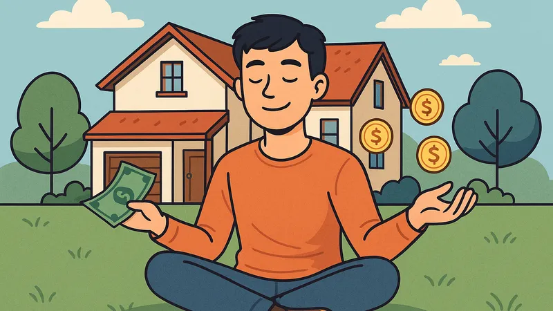 一軒家の前で穏やかな表情を浮かべた若い男性が芝生に座り、手にお金を持ちながらリラックスしているイラスト