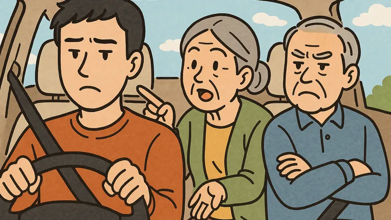 車の運転席で真剣な表情を見せる若い男性と、口を開いて何かを指示する母親、腕を組んで不満そうな父親が同乗する車内のイラスト