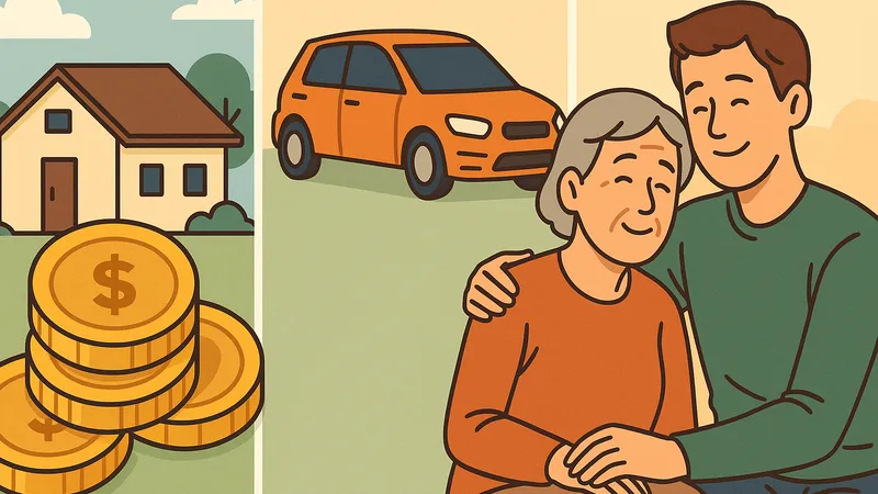 家の前に積まれたコイン、オレンジ色の車、親子が寄り添って笑顔を見せる様子が並んだイラスト