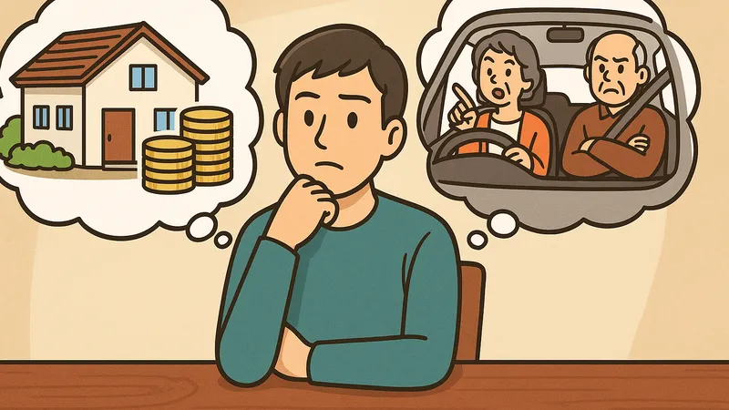 テーブルに座って考え込む若い男性の頭の中に、家とお金のイメージと、口論する両親が乗った車のイメージが浮かんでいるイラスト