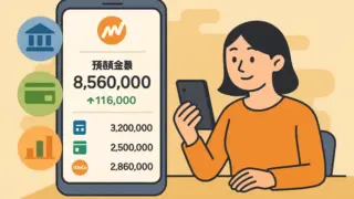 スマートフォンでマネーフォワードMEを操作しながら資産状況を確認している女性のイラスト。画面には銀行や証券、iDeCoの残高が表示されている。