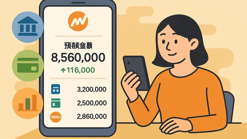 スマートフォンでマネーフォワードMEを操作しながら資産状況を確認している女性のイラスト。画面には銀行や証券、iDeCoの残高が表示されている。