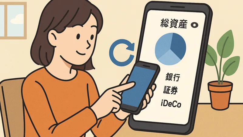 スマートフォンを操作してマネーフォワードMEの資産情報を更新しようとしている女性のイラスト。画面には円グラフと銀行・証券・iDeCoの項目が表示されており、机の上には観葉植物が置かれている。