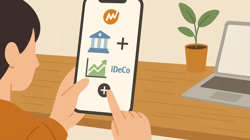 スマートフォンの画面でマネーフォワードMEのアプリに金融機関やiDeCoを追加しようとしている人物のイラスト。デスクにはノートパソコンと観葉植物が置かれている。