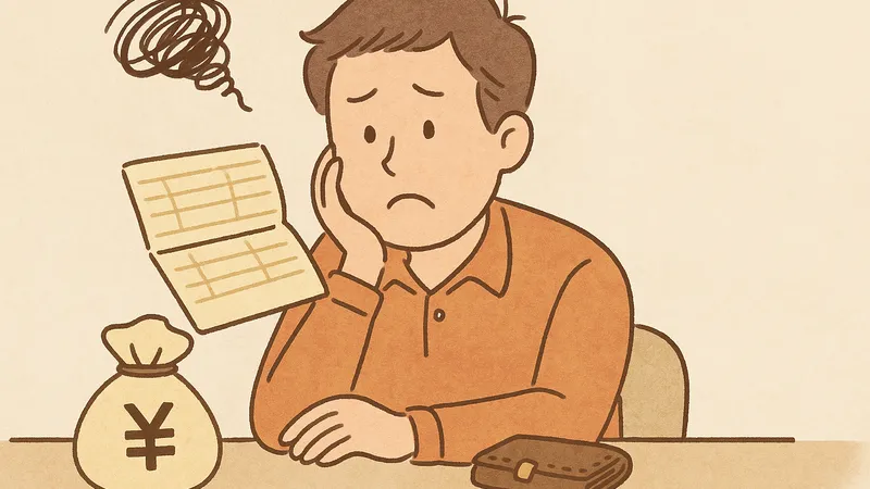 テーブルに座った30代の男性が、通帳を開いて思わず驚く表情を浮かべている。そばには財布とお金袋があり、全体が落ち着いた色合いの手描き風イラストで描かれている。