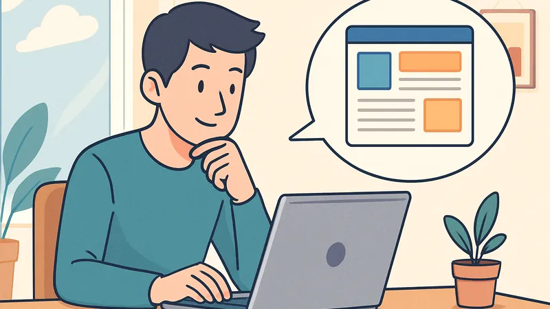 パソコンに向かって作業する若い男性が、画面を見ながら微笑み、吹き出しの中にはカラフルなウェブサイトのレイアウトが描かれている。背景には観葉植物や窓があり、落ち着いた室内の雰囲気が伝わるイラスト。