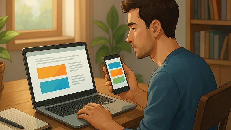 ノートPCの画面に表示された2つのカラフルなバナーと、手に持ったスマホ画面のバナーを見比べながら、観葉植物や本棚のある明るい自宅の作業部屋で表示チェックをしている男性がデスクに向かっている様子。