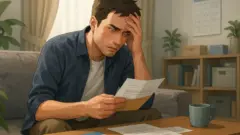 退職後の健康保険料の請求書らしき封筒と書類をリビングのソファで見つめ、片手で額を押さえて青ざめている30代くらいの男性の横長イラストで、テーブルには保険証風のカードとマグカップが置かれ、背景にカレンダーや書類棚が見えるシーン。