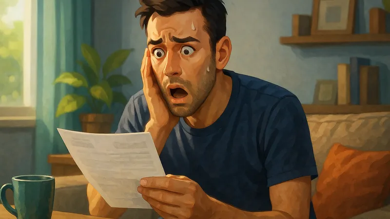 自宅のソファに座った30代くらいの男性が健康保険料の請求書のような書類を両手で持って目を見開き、片手で頬を押さえながら冷や汗を流して青ざめており、テーブルにはマグカップとスマホが置かれ、背景に観葉植物や棚が見える、退職後の保険料の金額にショックを受けている場面。