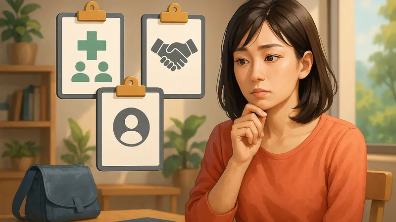 自宅のテーブルに座った30代くらいの女性が顎に手を当てて考え込むような表情で3枚のクリップボードを見つめており、クリップボードには医療や家族、人物を表すアイコンが描かれ、背景には観葉植物や棚、窓からの柔らかな光が入り、退職後の健康保険の3つの選択肢に悩んでいる雰囲気が伝わるシーン。