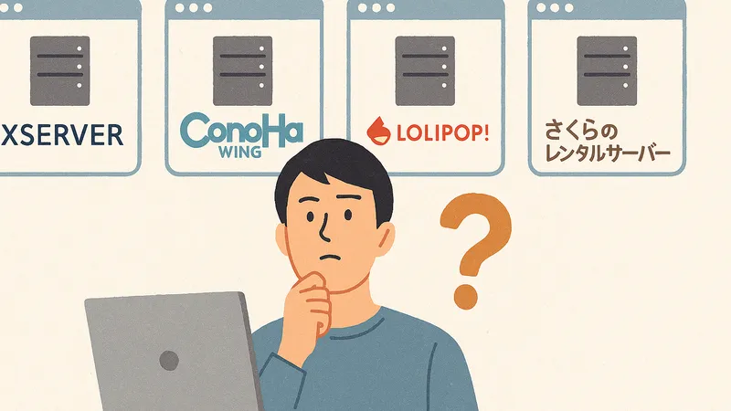 ノートパソコンの前でレンタルサーバー選びに悩む若い男性のイラスト。画面にはエックスサーバー、ConoHa WING、ロリポップ、さくらのレンタルサーバーのアイコンが並び、男性は考え込むような表情をしている。