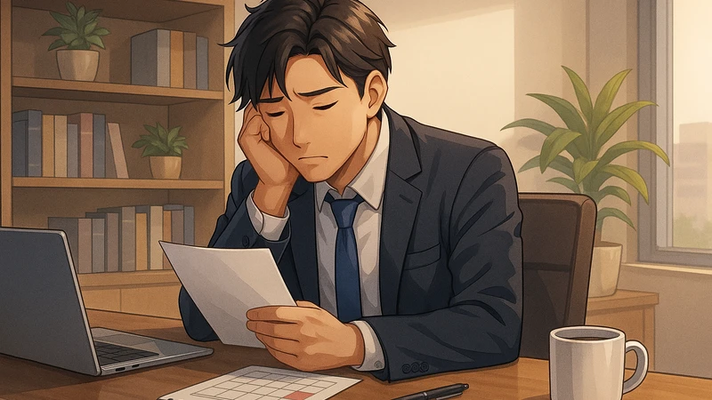 本棚や観葉植物のあるオフィスでスーツ姿の男性がデスクに座り、カレンダー帳とノートPC、マグカップのそばで手に持った書類を疲れた表情で見つめ、退職時期や残った有給について思い悩んでいる様子を描いた半リアル調のイラスト