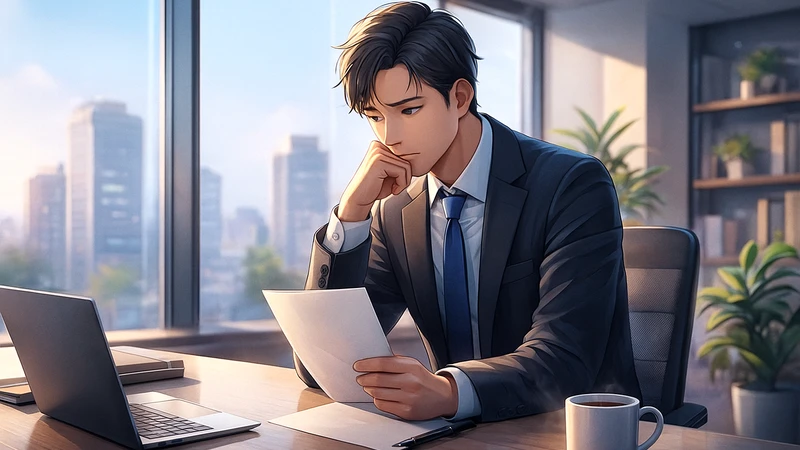 大きな窓から都市のビル群が見える明るいオフィスで、スーツ姿の男性がデスクに座り、手に持った白い書類をじっと見つめながら退職について思い悩んでいる様子を描いた半リアル調のイラスト