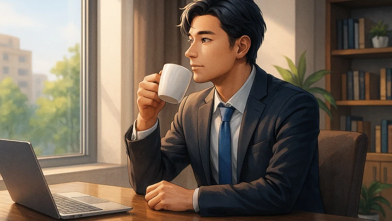 大きな窓から緑の街並みが見える明るいオフィスで、スーツ姿の男性がノートPCを横に置いたまま白いマグカップを片手にくつろいだ表情で外を見つめ、退職代行を含めた今後の働き方について前向きな決断をしたように見える半リアル調のイラスト