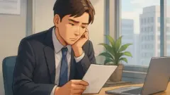 スーツ姿の男性がオフィスのデスクに座り、手に持った白い書類を不安そうな表情で見つめている様子を、窓の外のビル群や観葉植物、ノートPCとペンが置かれたデスクとともに描いた半リアル調のイラスト