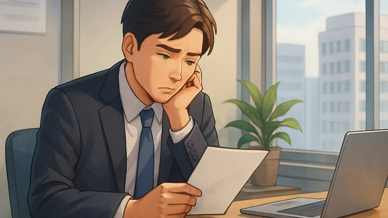 スーツ姿の男性がオフィスのデスクに座り、手に持った白い書類を不安そうな表情で見つめている様子を、窓の外のビル群や観葉植物、ノートPCとペンが置かれたデスクとともに描いた半リアル調のイラスト