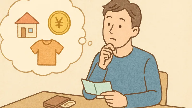 テーブルに座った30代の男性が、通帳を見ながら考え込んでいる。頭の中には家や服、コインのイラストが浮かび、お金が貯まった理由を振り返っている様子が手描き風で描かれている。