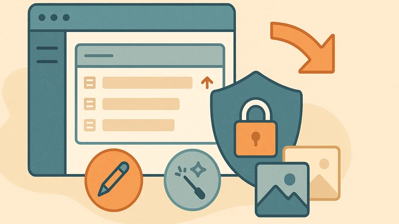 カテゴリー一覧が表示された管理画面と、並び替えを示す矢印、その手前に複数の画像サムネイル風アイコンが配置された、記事が増えたときのカテゴリー整理やサムネイル再生成をイメージしたイラスト