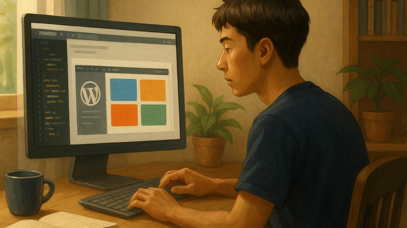 木のデスクでノートPCと外付けキーボードを操作しながら、WordPressの画面に表示されたカラフルなバナーグリッドとCSS編集画面をじっと見つめている若い男性ブロガーが、観葉植物や本棚のある室内で作業している様子のイラスト。