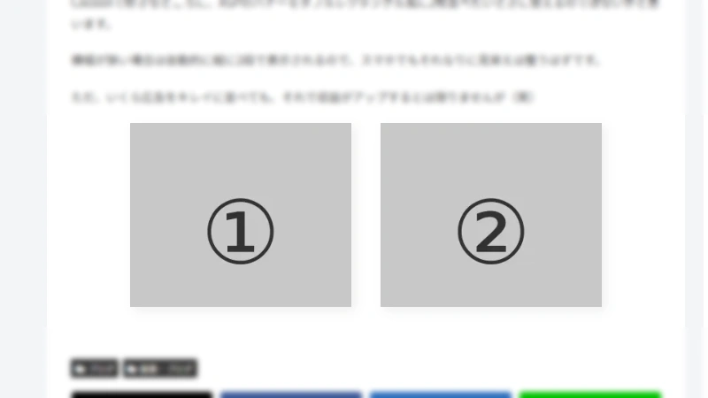 WordPressのCocoonテーマで、記事ページの中央にグレーの300×250バナー枠が①と②の番号付きで2つ横並びになり、周囲の本文やカテゴリータグがぼかされているダブルレクタングル広告レイアウトのイメージ