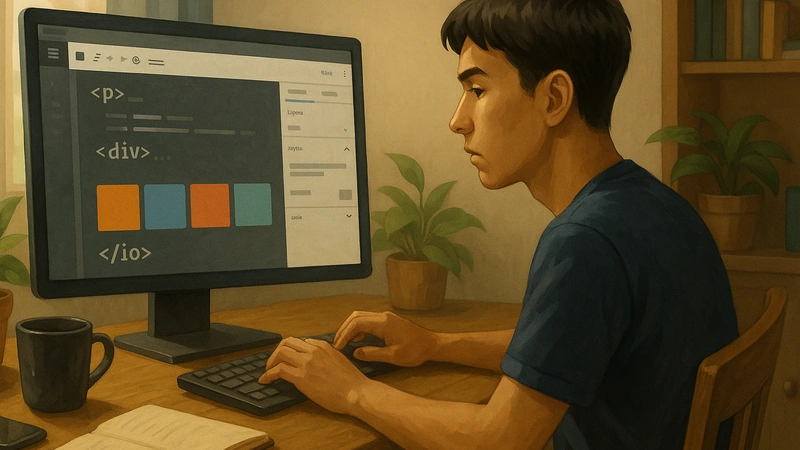 木のデスクでキーボードを操作しながら、モニターに表示されたやタグとカラフルなバナーグリッドのHTML編集画面を集中して見つめる若い男性ブロガーが、観葉植物や本棚のある自宅のワークスペースで作業している様子のイラスト。