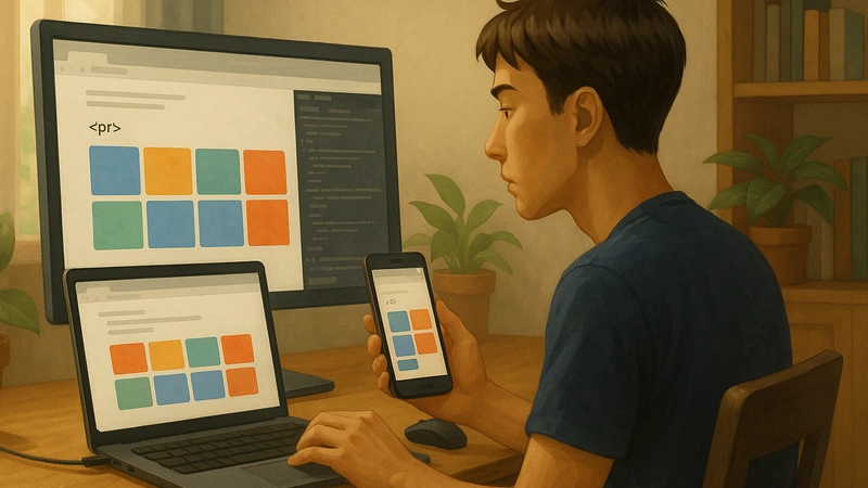 木のデスクに置いたモニターとノートPCとスマートフォンに同じPRバナーのグリッドが表示されていて、若い男性ブロガーがPC表示とスマホ表示を見比べながらレイアウトを確認している様子を、観葉植物や本棚のある室内で描いたイラスト。