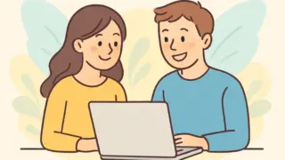 ノートパソコンを一緒に見ながら微笑む男女が、明るくやさしい雰囲気の中でブログ作業をしている様子のイラスト