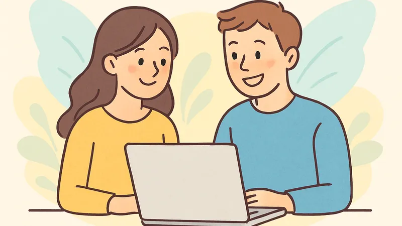 ノートパソコンを一緒に見ながら微笑む男女が、明るくやさしい雰囲気の中でブログ作業をしている様子のイラスト