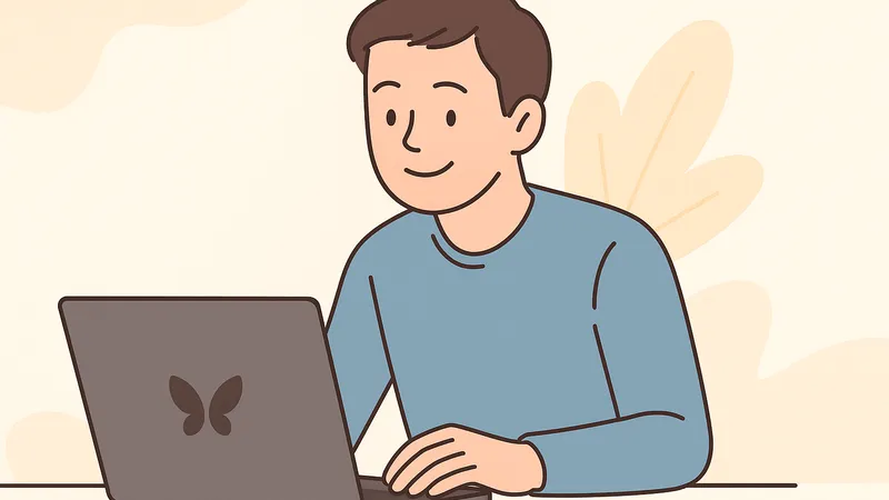 やさしい表情でノートパソコンに向かい、落ち着いた雰囲気の中でブログ作業をしている男性のイラスト