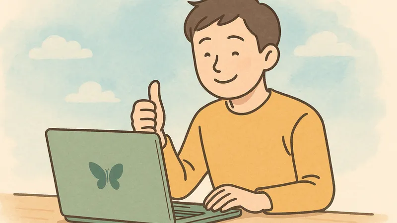 ノートパソコンを前に親指を立てて笑顔を見せる男性が、ブログ作業に満足している様子のイラスト