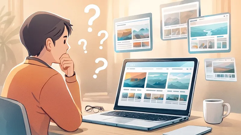 複数のテーマ候補を前にして、どれを選ぶか迷っている表情の男性がノートパソコンの前で考え込んでいるイラスト