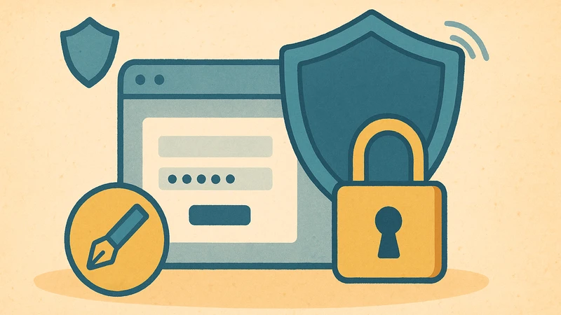ログイン画面を表示したブラウザーウィンドウの前に、大きな盾と南京錠のアイコンが重なって描かれている、ログイン試行回数制限などサイトのセキュリティ強化をイメージしたイラスト