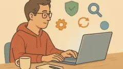 ノートPCに向かって作業する中年の男性ブロガーがデスクに座り、横にマグカップとメモ帳が置かれていて、背後の空中に歯車・盾・矢印・虫メガネのアイコンが浮かぶ、WordPressの最低限プラグインをイメージしたイラスト