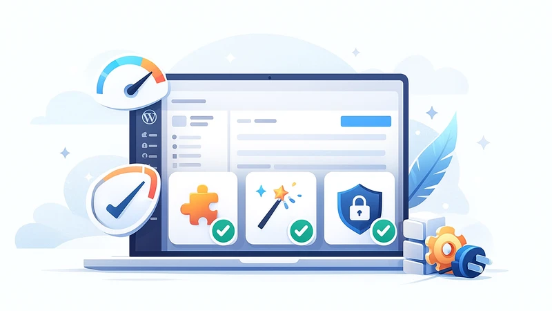 WordPressの管理画面をシンプルに描いたノートPCの画面と、その手前に最低限のプラグインを連想させるアイコン付きカードが並んでいる、余計なプラグインを入れずに軽量に運用しているブログ環境をイメージしたイラスト