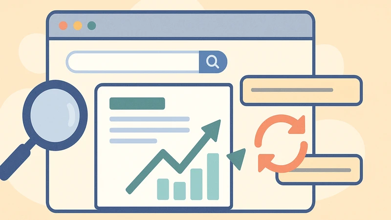 検索窓付きのブラウザー画面の前に、拡大鏡アイコンと上向きのグラフ、横長のURLバーと矢印がぐるりと回るアイコンが描かれた、SEO対策とURLリダイレクトをイメージしたイラスト