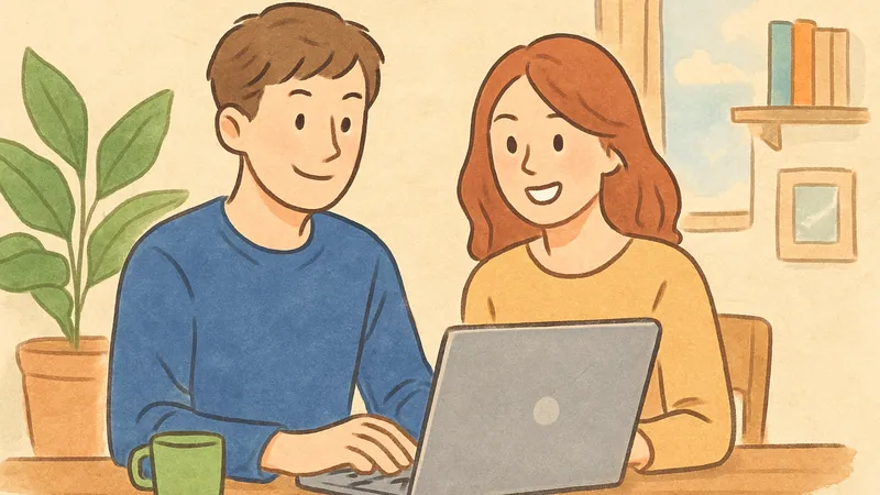 自宅のテーブルでノートパソコンを見ながら、楽しそうに作業する若い男女のイラスト。背景には観葉植物や本棚、窓から青空が見える温かみのある室内。