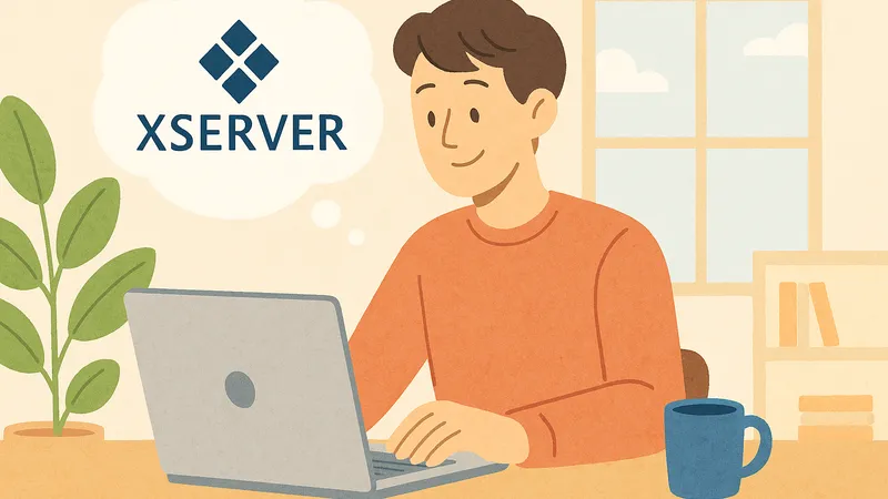 ノートパソコンを操作しながら満足そうに微笑む若い男性のイラスト。明るい室内で観葉植物やコーヒーカップに囲まれ、頭上にはエックスサーバーのロゴが雲の形で浮かんでいる。