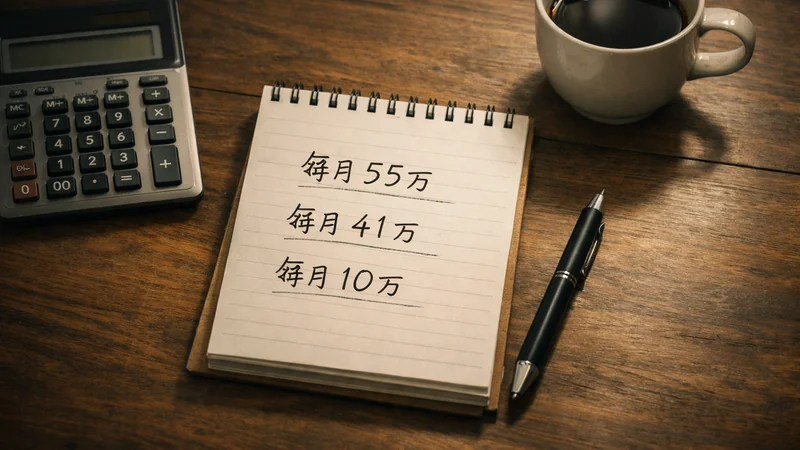 薄暗い室内光の木目デスク上に電卓と黒いペン、コーヒーカップがあり、リングノートに「毎月55万」「毎月41万」「毎月10万」と走り書きされた金額が重たく目に入る手元の光景